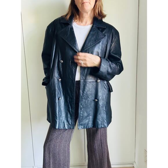 Vintage Lambskin Leather Coat Mens Size Large Black Buttery Soft Double Breasted - Picture 7 of 12